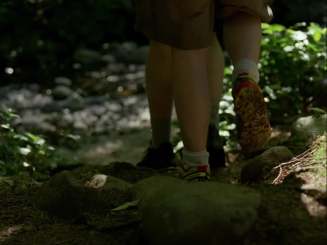 A low-angle slow-motion shot of two hikers' feet as they walk down a forest path to a sunlit creek