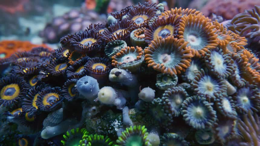 A stunning macro time-lapse reveals a vibrant colony of multicolored Zoanthid coral polyps slowly opening and swaying in a marine aquarium