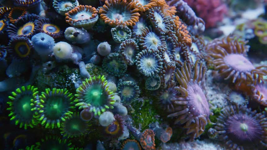 A mesmerizing macro pan across a vibrant colony of multicolored Zoanthid coral polyps in a reef aquarium