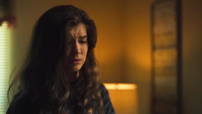 A heartbroken young woman stands in a dimly lit room, her face filled with worry and sadness