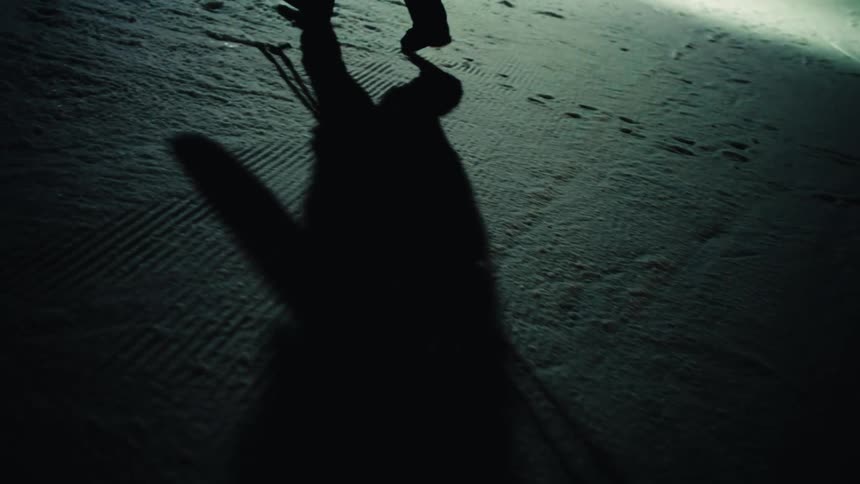 The long shadow of a person holding a selfie stick is cast across the groomed snow at night