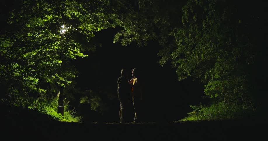 A silhouetted couple embraces on a dark, wooded path at night, illuminated by the glow of a nearby lamp