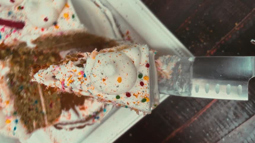 A vertical top-down slow-motion shot of a knife cutting and serving a slice of a sprinkle-covered birthday cake