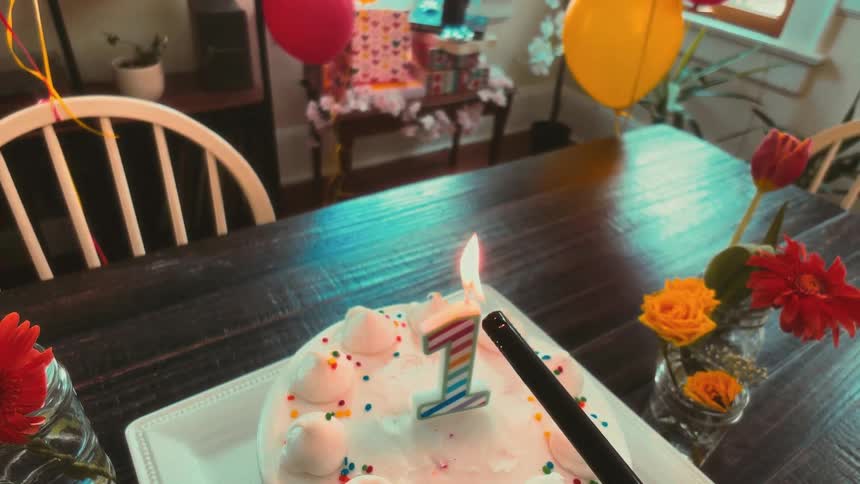 A slow-motion close-up of a lighter igniting the number one candle on a first birthday cake amidst festive decorations