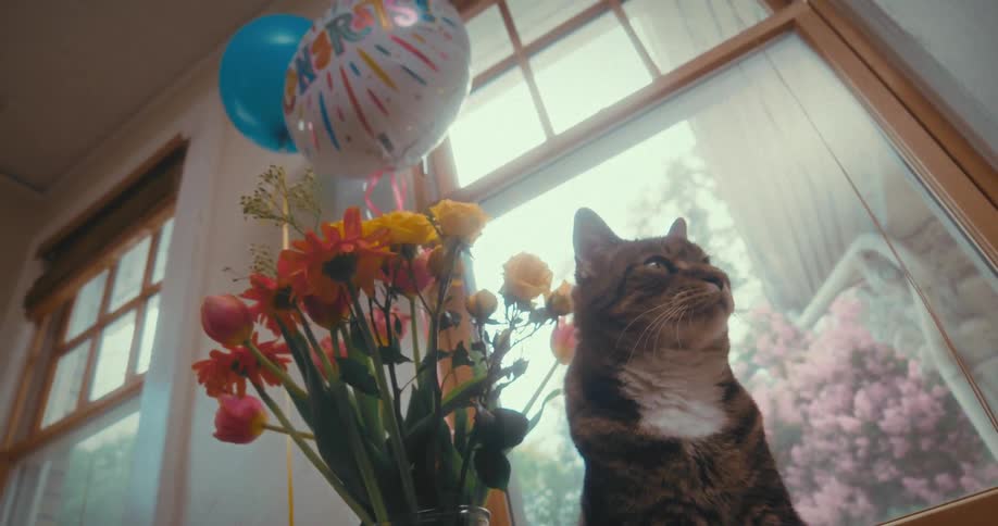 A proud tabby cat sits on a windowsill next to a bouquet of colorful flowers and congratulatory balloons