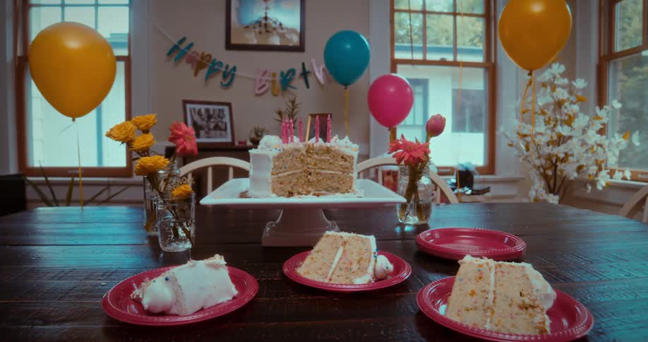 The remnants of a birthday party with a half-eaten cake, slices on plates, and festive decorations in a dining room