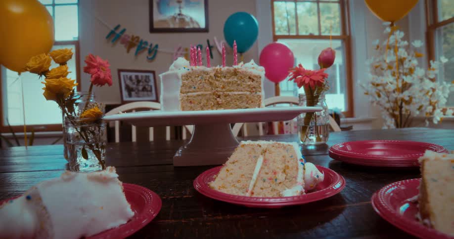 A slow pan across a dining room table decorated for a birthday party with a half-eaten sprinkle cake