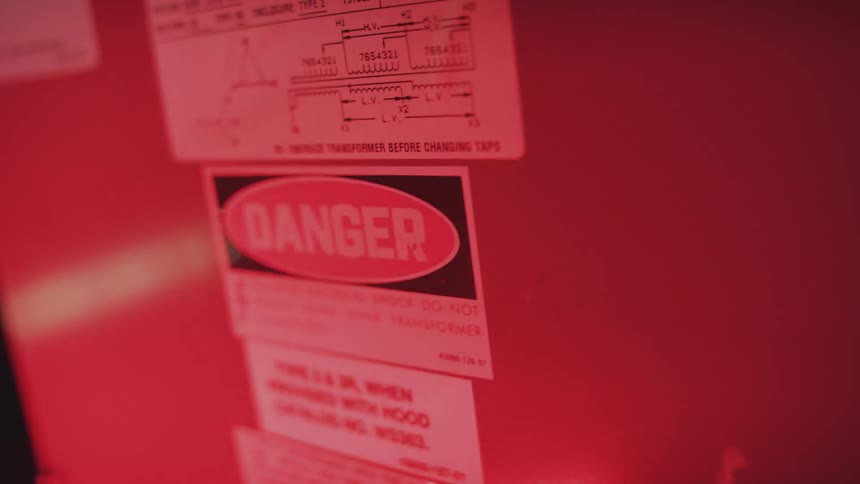 A close-up of a danger sign on electrical equipment is illuminated by a flashing red emergency light