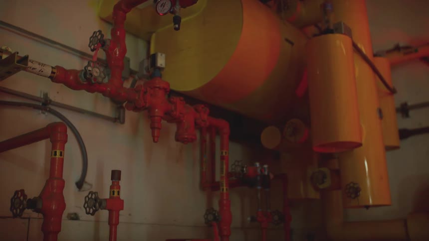A flashing red alarm light illuminates the complex network of pipes and valves in an industrial boiler room