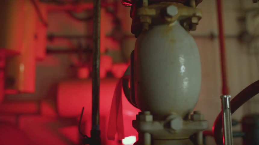 A flashing red alarm light illuminates the complex pipe and valve system in an industrial boiler room