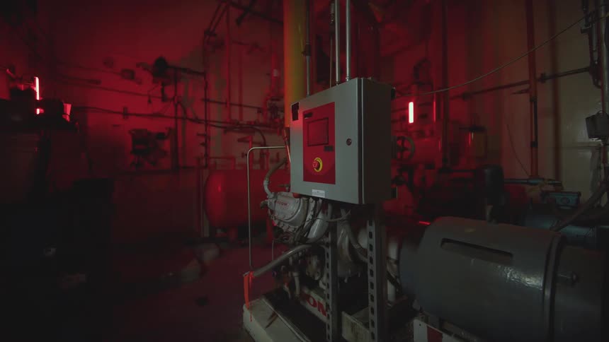 An ominous red light flashes on industrial machinery as a masked figure hides in the shadows of the dark boiler room