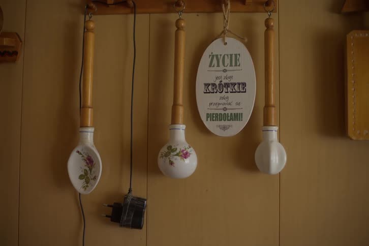 A humorous Polish quote plaque and decorative spoons with floral patterns hang on a rustic wooden wall