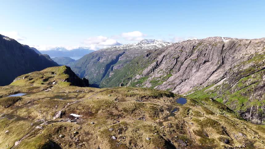 Expansive aerial view of hikers walking across a vast, rocky plateau overlooking a stunning fjord in Norway on a sunny day