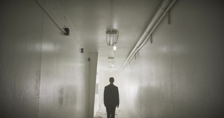 A mysterious man in a suit walks away from the camera down a long, eerie, and sterile hallway