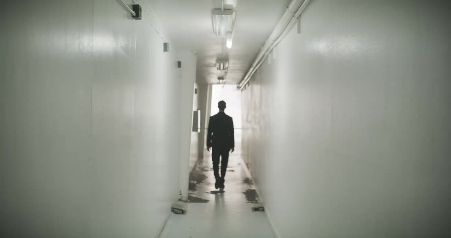 From behind, a mysterious man in a black suit walks down a stark, white industrial corridor with flickering fluorescent lights