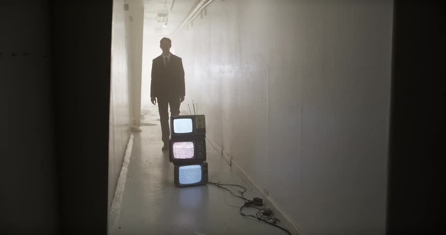 A mysterious man in a suit walks out of the fog down a long hallway towards a stack of old televisions displaying static
