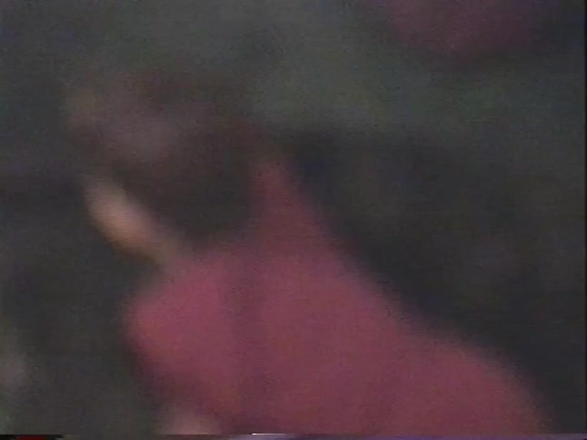 Vintage high-angle home video footage of a boy and another person petting their black dog on the carpet