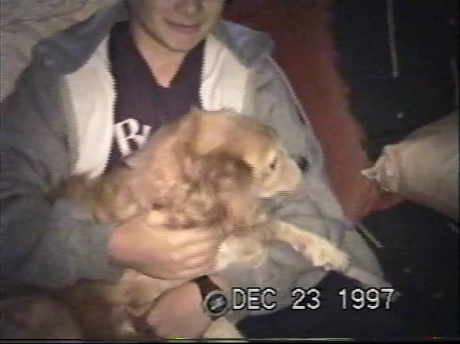 A candid 1990s home video of a young boy holding and petting his cute dog on the couch with his brother nearby