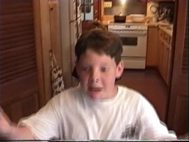 Vintage VHS footage shows two young brothers playfully posing for the camera inside their home
