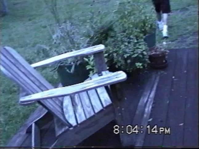 A vintage VHS home video captures a woman and her two young sons enjoying an evening in their backyard