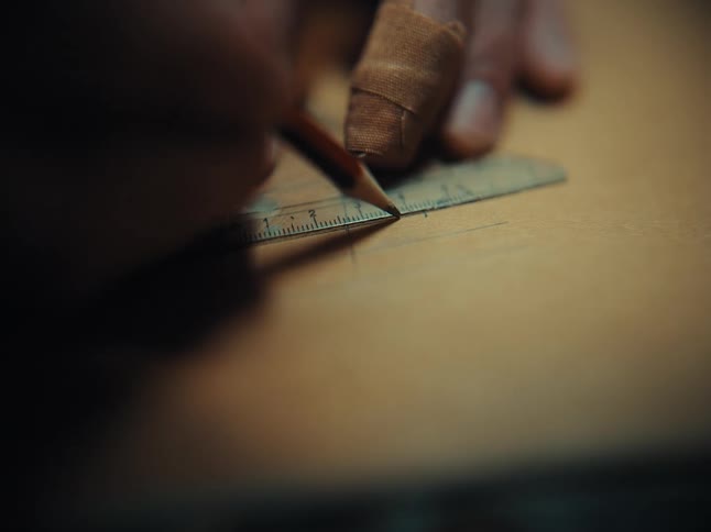 A close-up of a hand with a bandaged finger meticulously drawing a straight line with a pencil and a ruler on a piece of paper