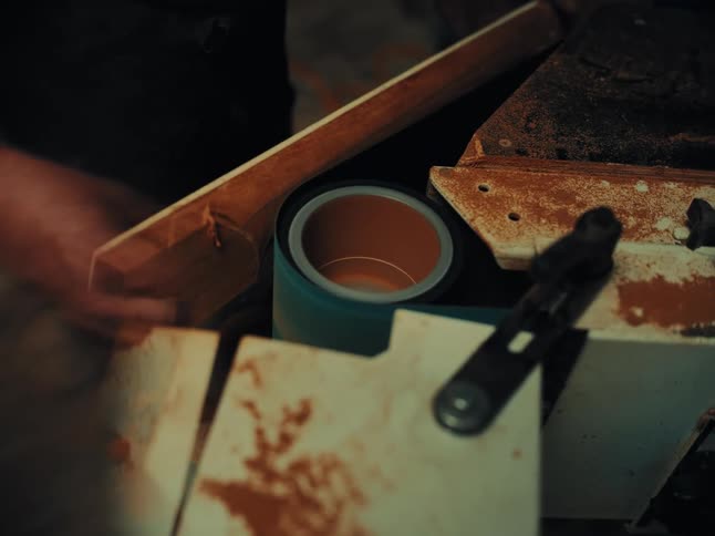 A luthier uses a belt sander to meticulously shape the neck of a guitar in a dusty workshop