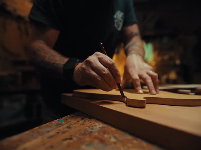 A skilled luthier with tattoos carefully traces the shape of an electric guitar body onto a wooden board in his workshop