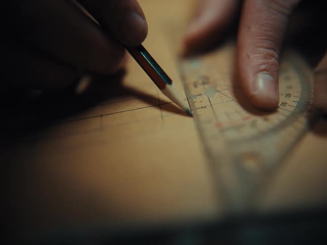 Close-up of hands using a pencil and protractor ruler to draw precise lines on paper