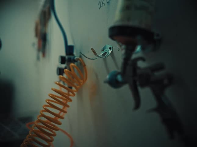 A worker in black gloves picks up a paint spray gun from a hook in a dimly lit workshop