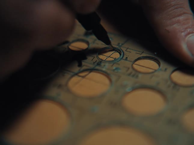 Close-up of a drafter's hand using a technical pen and a circle template to carefully draw on a blueprint