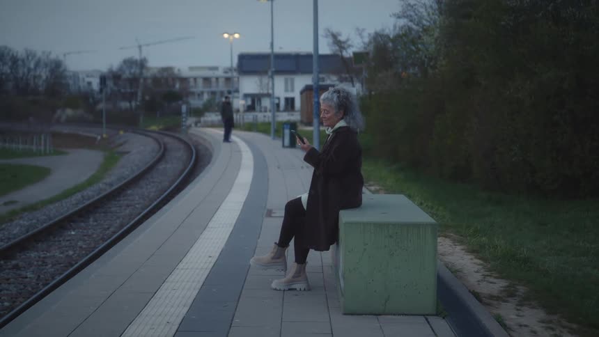 A stylish woman with gray hair ends a phone call and waits patiently on a bench at a train platform in the evening