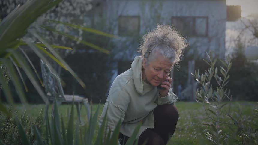 A senior woman in a hoodie talks on her smartphone while kneeling in her lush backyard garden at sunset