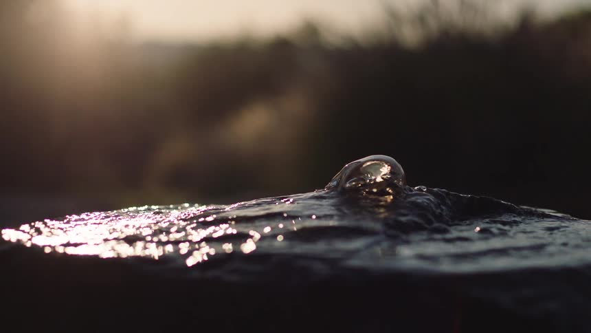 A serene slow-motion close-up of a small water spring bubbling up as the setting sun glistens on the surface