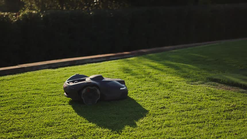 An automated robotic lawn mower cuts the grass in a modern garden at sunset