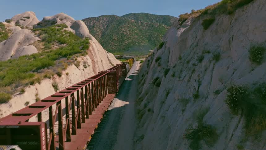 An aerial view shows a long freight train slowly passing through a narrow, rocky canyon on a sunny day