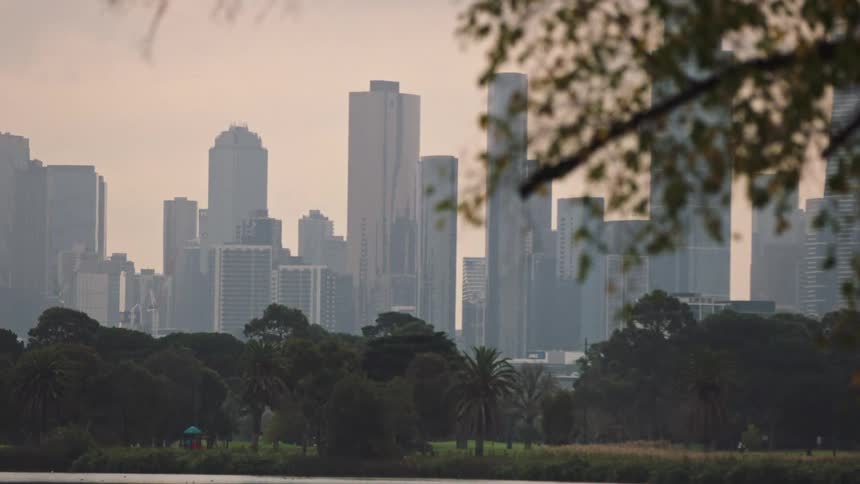A tranquil park scene with a slow focus pull from leafy tree branches to the hazy modern city skyline in the distance