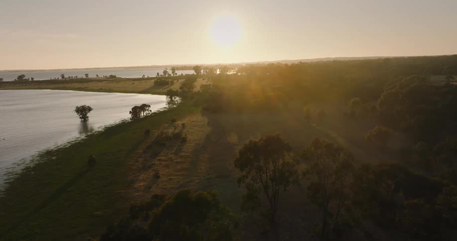 A stunning aerial view captures kangaroos hopping along the grassy shore of a vast lake during a golden sunset in Australia