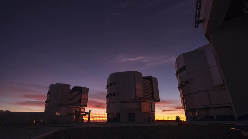 Stunning day-to-night time-lapse of the Very Large Telescope at Paranal Observatory in Chile as the domes open to a spectacular star-filled sky
