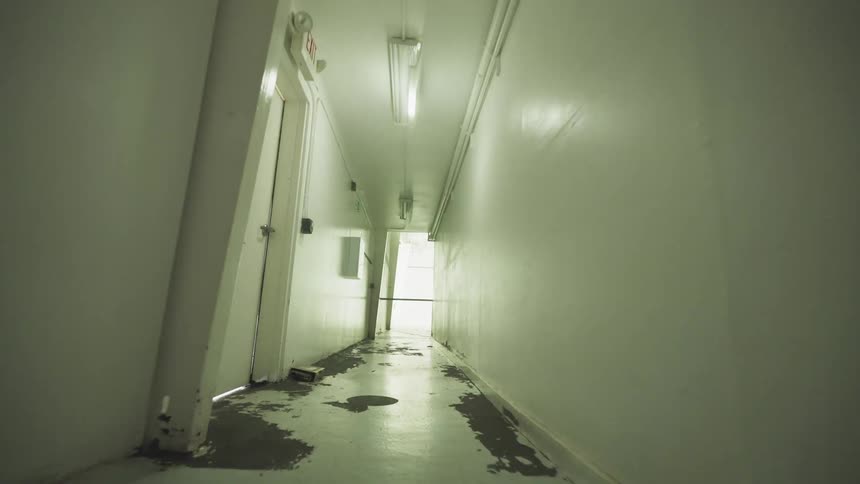 A suspenseful point-of-view shot moving through a dark and decaying hallway as the fluorescent lights flicker ominously