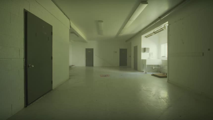 A wide static shot of a creepy, empty hallway in an abandoned institutional building