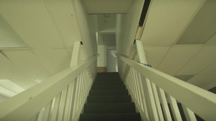 A slow tilt reveals a long, unsettling staircase with green carpeting inside an empty building