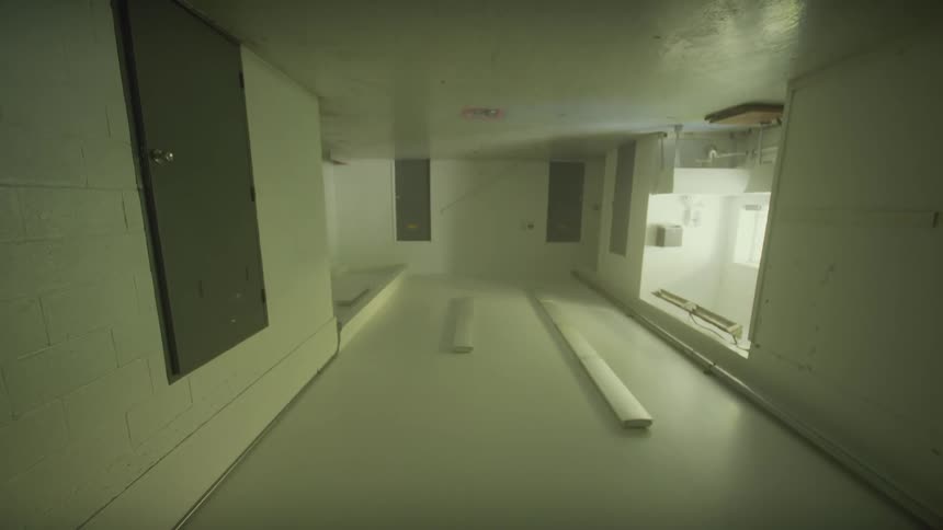 A creepy low-angle shot tilts up to reveal an inverted view of a long, empty institutional hallway
