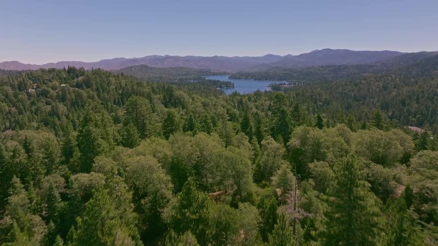 An aerial view rises over a dense green forest to reveal a vast mountain lake on a clear sunny day