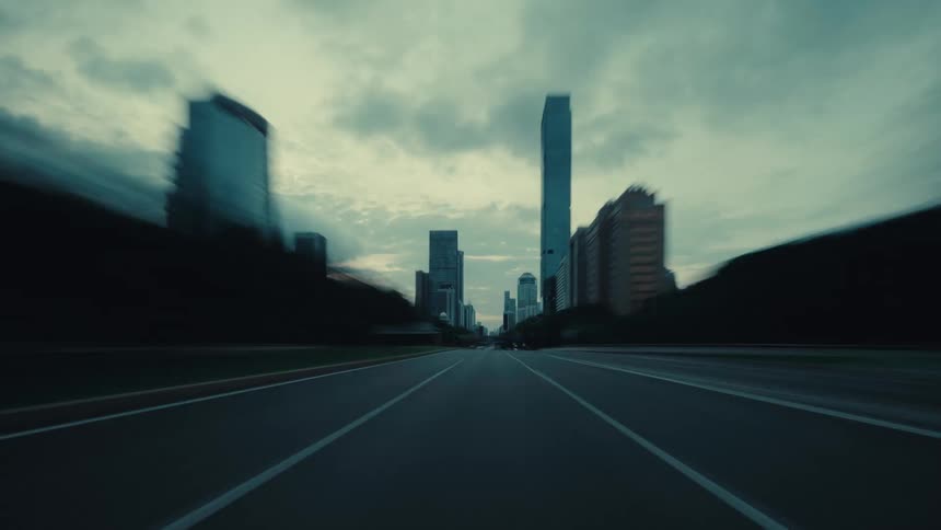 Point-of-view time-lapse of driving at high speed down an empty city highway surrounded by skyscrapers under a dramatic, moody sky