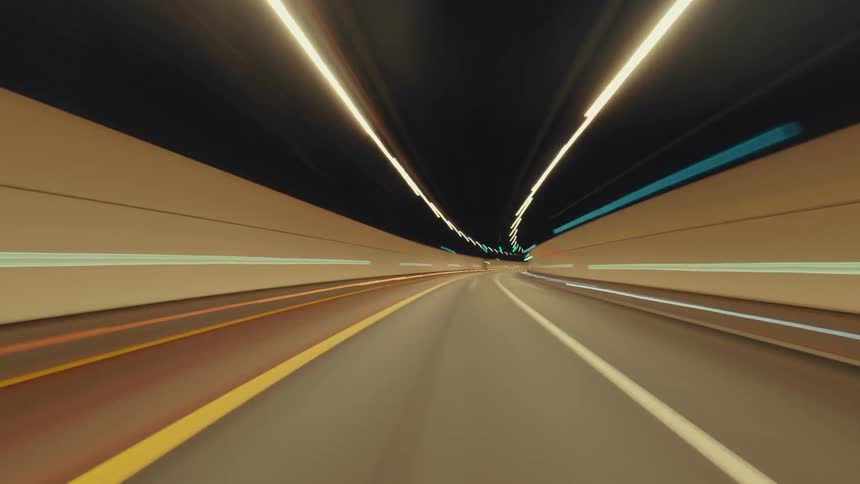 A nighttime hyperlapse journey through a city highway and a brightly lit tunnel from a driver's perspective