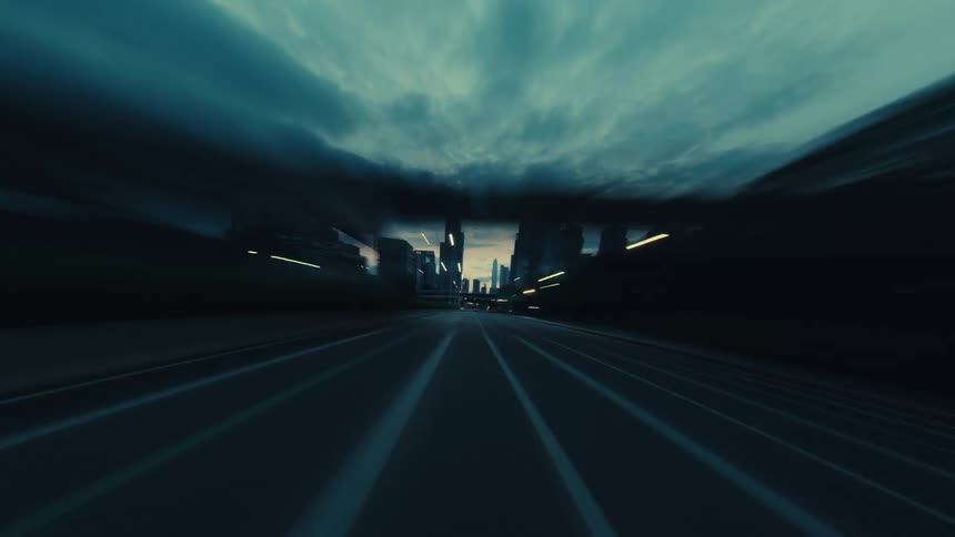 A hyper-lapse point-of-view drive on a highway into a modern city at dusk, with dramatic light streaks and motion blur creating a futuristic feel