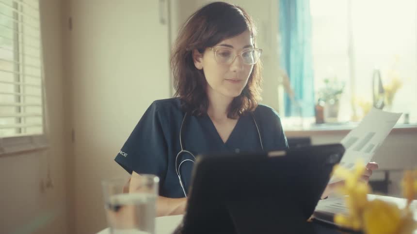 A focused female doctor in scrubs reviews medical data on a chart while working on her tablet at a sunlit table in her home