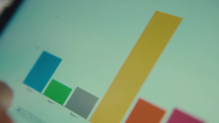A person swipes through monthly performance data on a colorful bar graph displayed on a tablet screen using a stylus