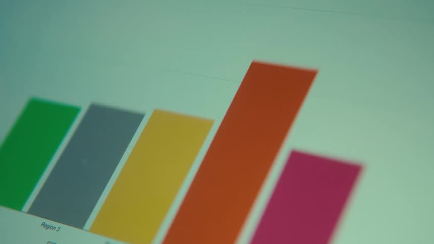 An animated, colorful bar chart on a digital screen displays fluctuating business data and analytics over several months