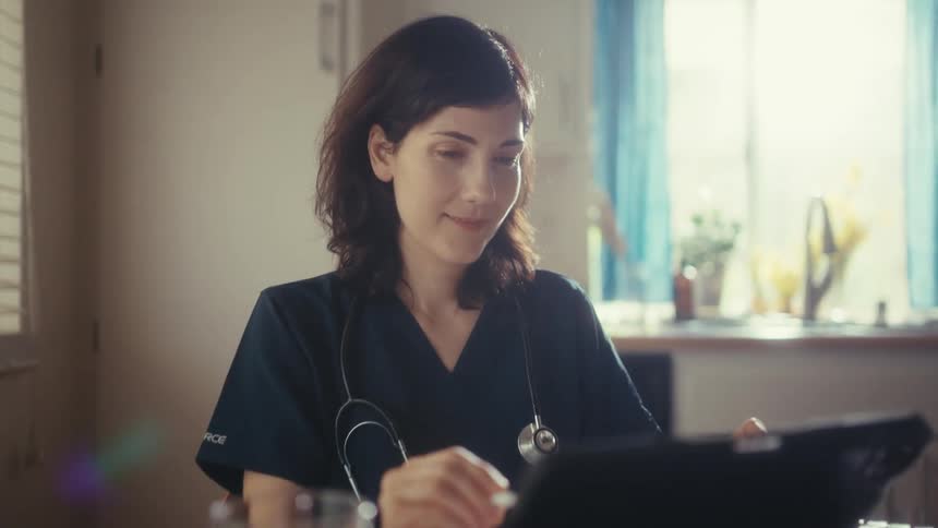 A slow zoom-in shows a female doctor in scrubs working intently on a tablet from her sunlit kitchen